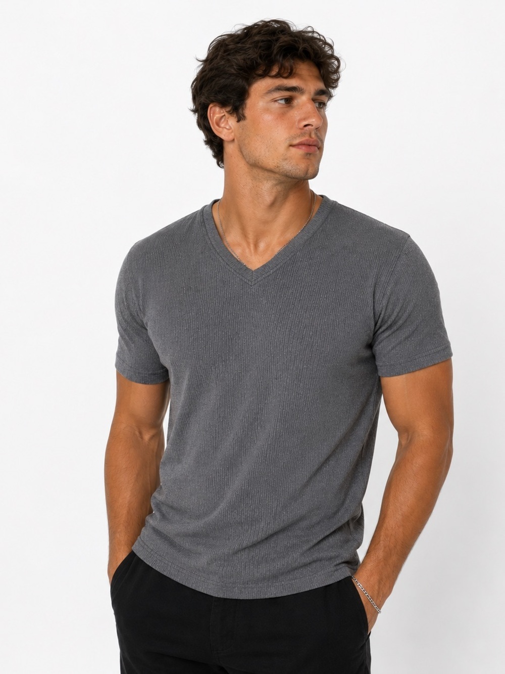Claiborne Gray Ribbed V-Neck Tee – Size Large – NWT - Picture 1 of 6
